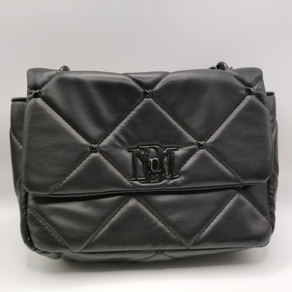 Badgley Mischka Diamond Quilt Shoulder Bag Black Vegan Leather Gold Chain